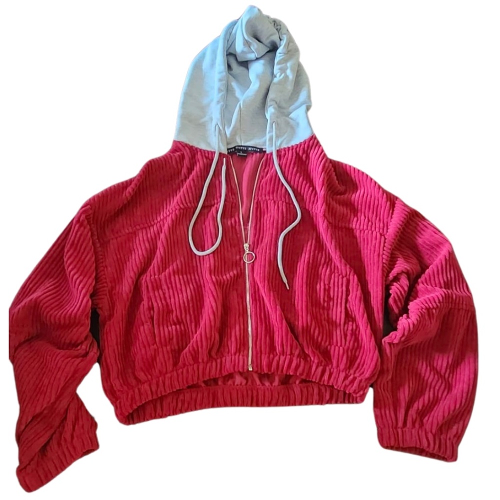 Wine Ribbed Lining Side Pockets With Zipper Long Lantern Sleeves Bomber Crop